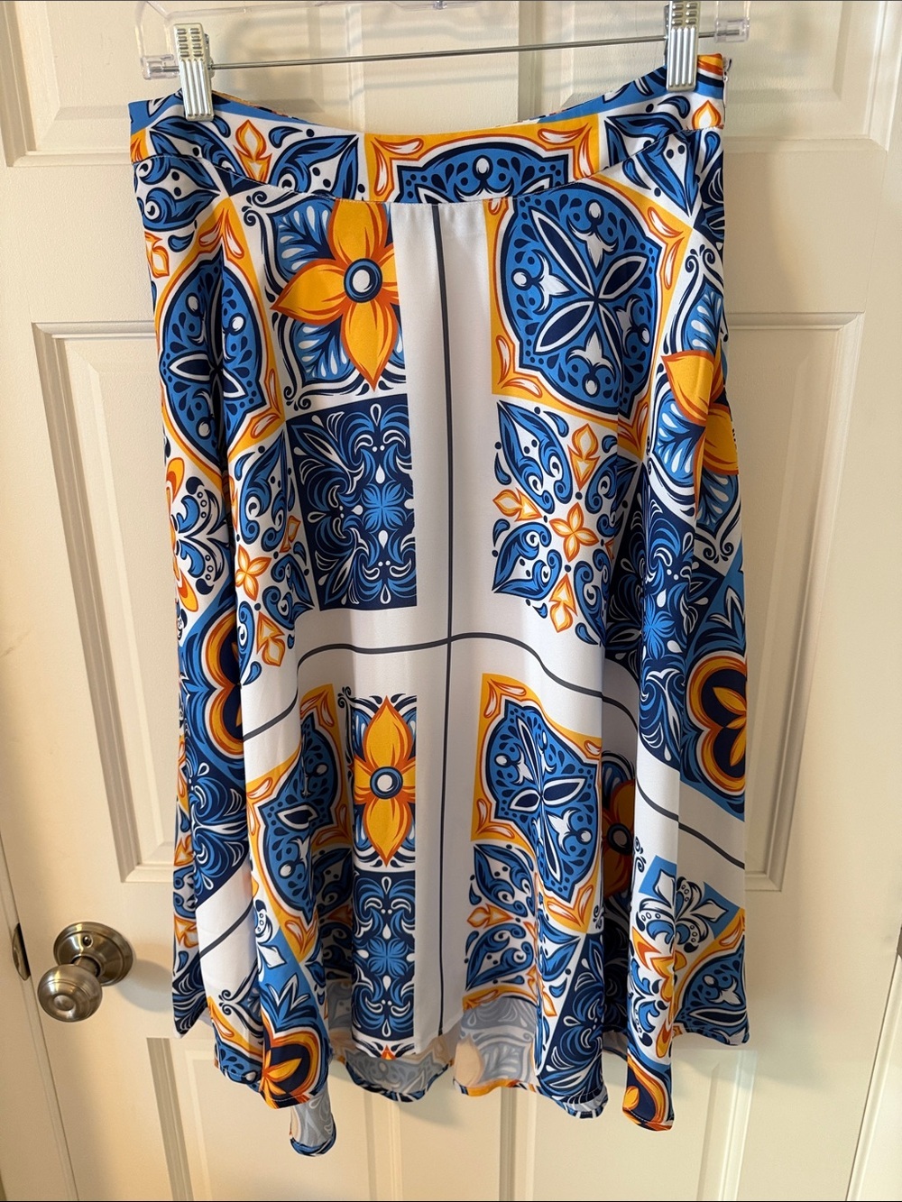 By Egreis Luna Blue & Yellow Mediterranean Tile A-line Midi Skirt Size Medium